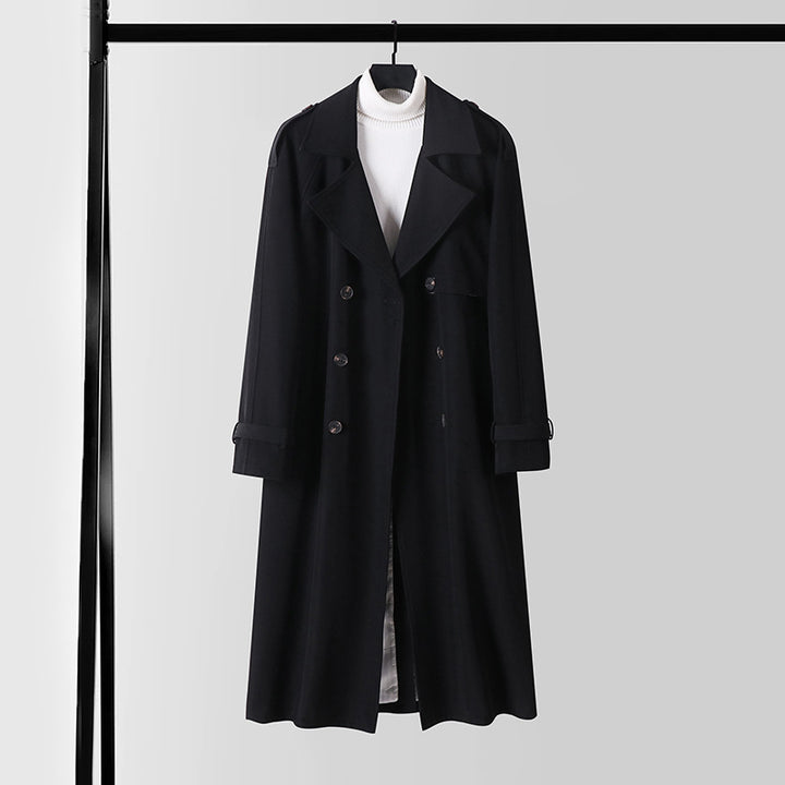 Damen Eleganter Maxi-Trenchcoat aus Wollmischung mit weitem Schalkragen und Bindegürtel Drune