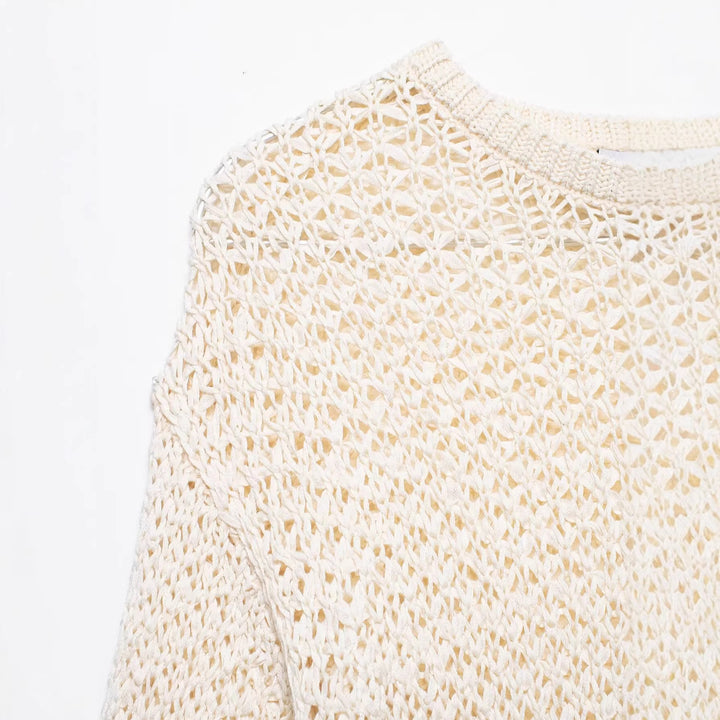 Damen Offener Häkelstrick-Pullover mit ausgestelltem Volant-Saum Drune