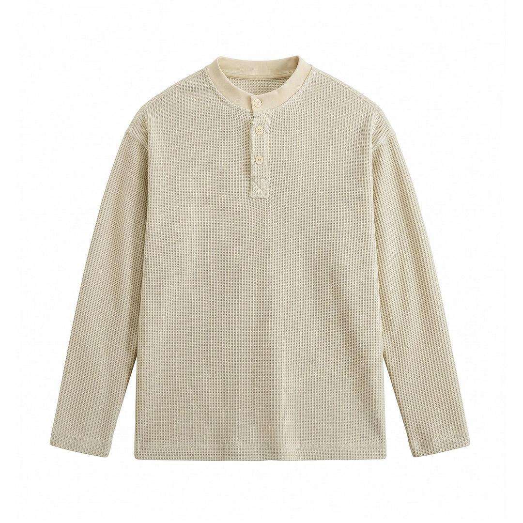 Herren Waffelstrick-Henley mit Stehkragen und dreifacher Knopfleiste Drune