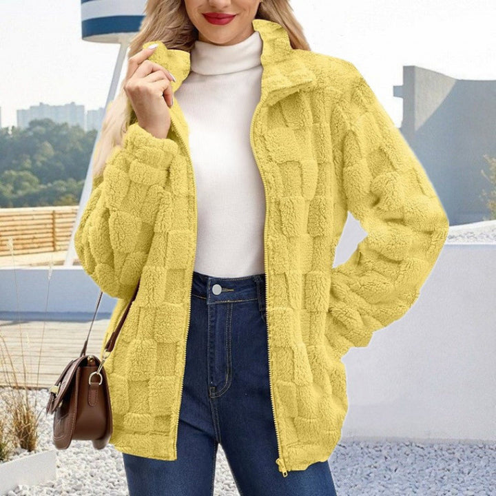 Damen Teddyjacke mit Karo-Struktur, Stehkragen und Reißverschluss Drune
