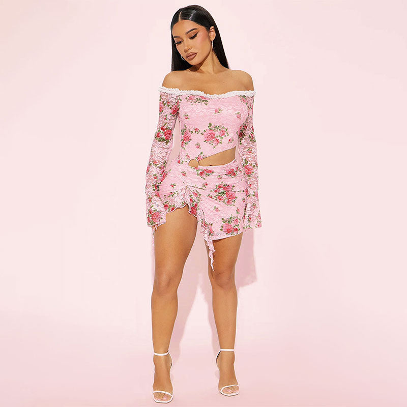 Damen Off-Shoulder Blusenkleid mit floralen Akzenten und asymmetrischem Design Drune