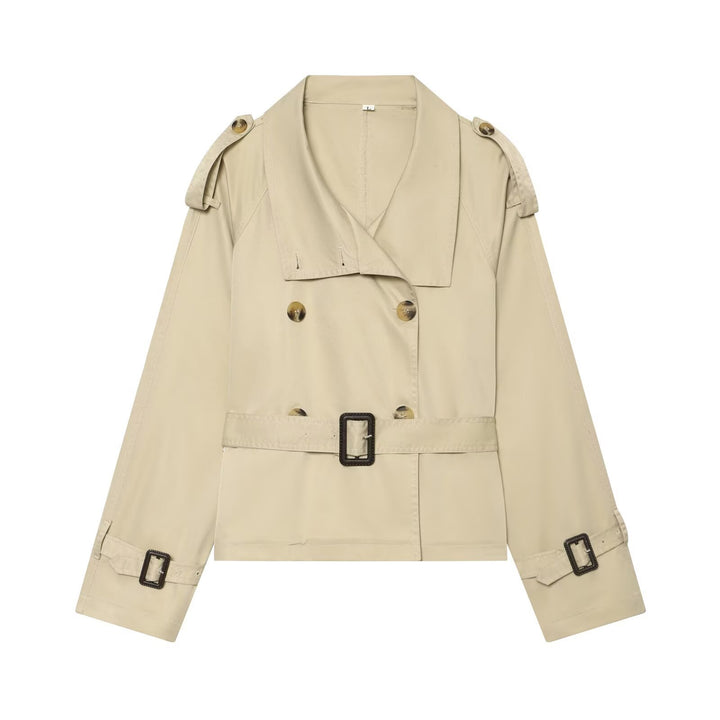 Damen Kurztrench im Boxy‑Stil mit doppelreihigem Verschluss, Schnallenärmeln und Taillengürtel Drune