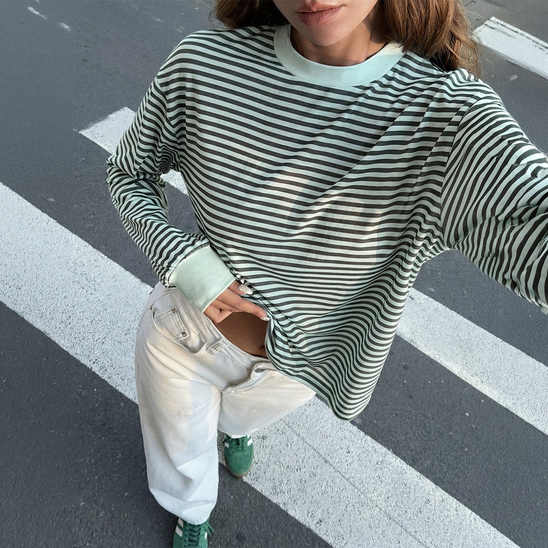 Damen nan lässiges gestreiftes Oversize-Longsleeve mit kontrastierendem Rundhalsausschnitt und verlängertem Rückensaum Drune