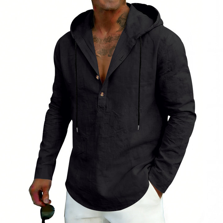 Herren nan Leinen-Henley-Kapuzenhemd mit kurzer Knopfleiste, Kapuze und relaxtem Schnitt Drune