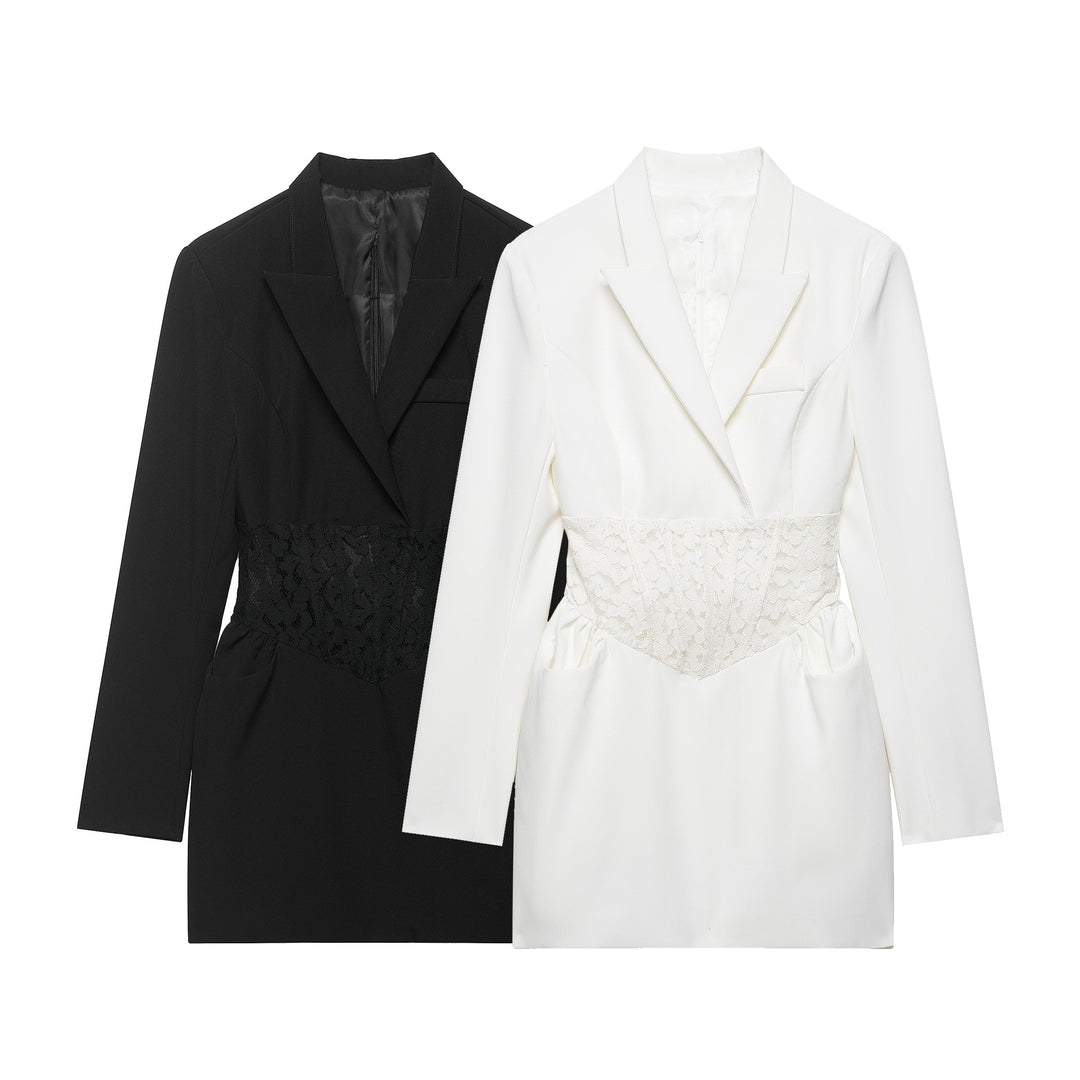 Damen 20+ tailliertes Blazerkleid mit Spitzen‑Corsage und Pattentaschen Drune