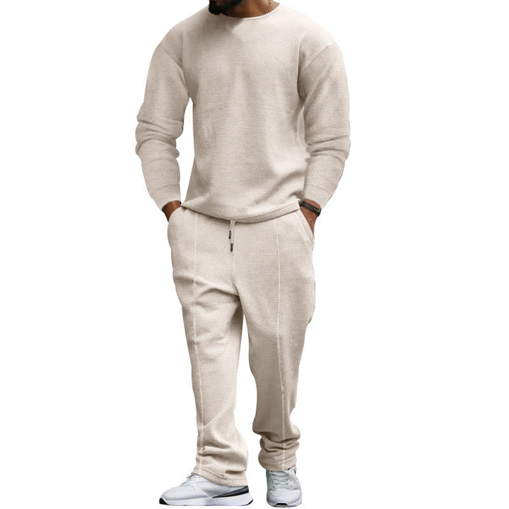 Herren nan strukturiertes Lounge-Set mit Rundhals-Pullover und schmal zulaufender Naht-Jogginghose Drune