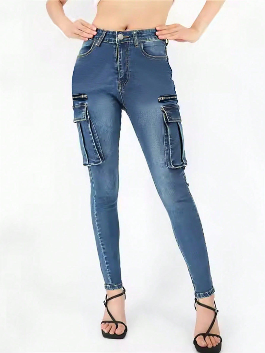 Damen High‑Waist Slim‑Cargo‑Jeans mit Klappentaschen und Reißverschluss-Details Drune