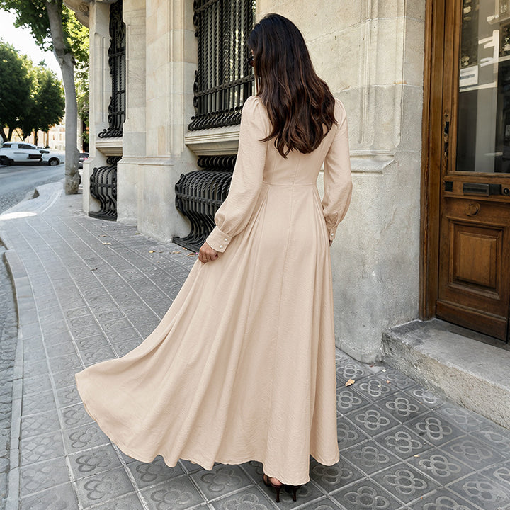 Damen Elegantes Maxikleid mit hochgeschlossenem Kragen und Rüschendetails Drune