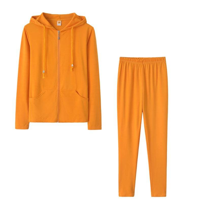 Damen sportliches Zweiteiler-Set mit Kapuzenjacke und enganliegenden Hosen Drune