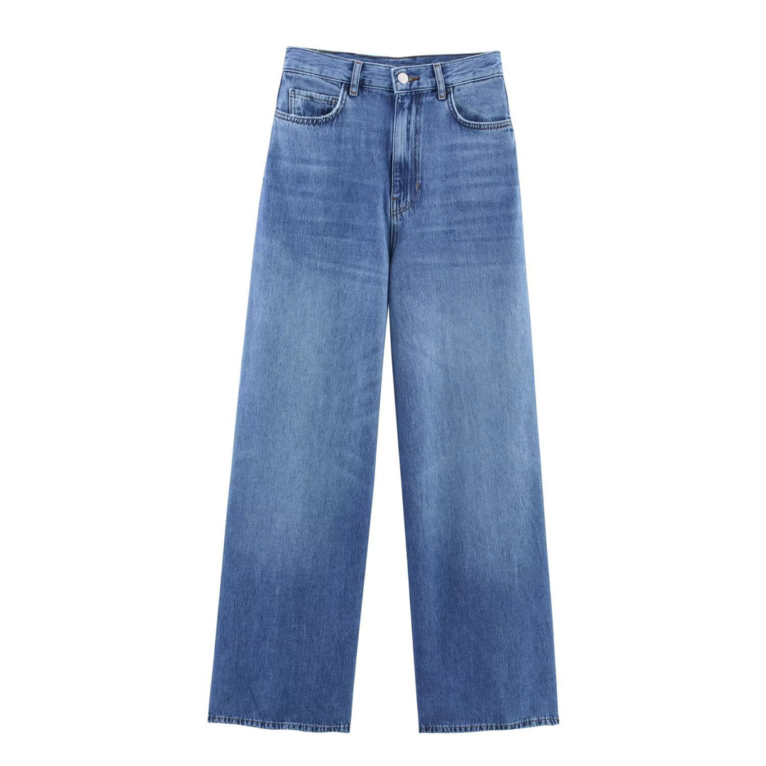 Damen 100+ hochtaillierte weite Denim‑Palazzohose mit Five‑Pocket und geradem Saum Drune