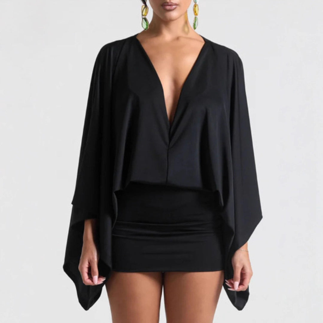 Damen nan Cape-Minikleid mit tiefem V-Ausschnitt, Fledermausärmeln und tailliertem Minirock Drune