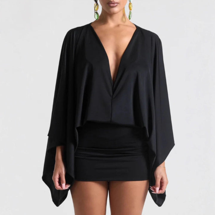 Damen nan Cape-Minikleid mit tiefem V-Ausschnitt, Fledermausärmeln und tailliertem Minirock Drune