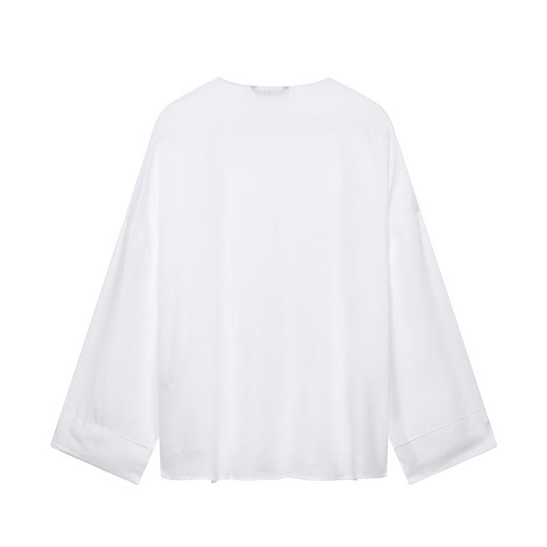 Damen Weites Tunika-Blusenshirt mit V‑Ausschnitt und halber Knopfleiste Drune