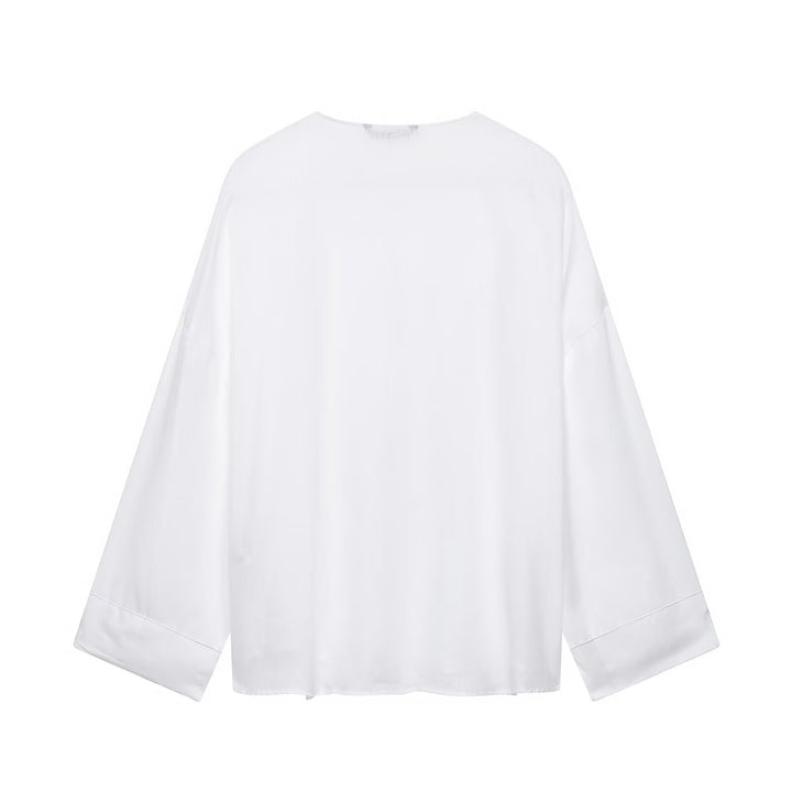 Damen Weites Tunika-Blusenshirt mit V‑Ausschnitt und halber Knopfleiste Drune