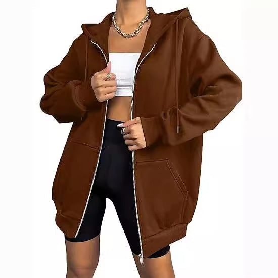 Damen nan oversized Zip-Kapuzenjacke mit kontrastierendem Reißverschluss, doppellagiger Kapuze und Kängurutasche Drune