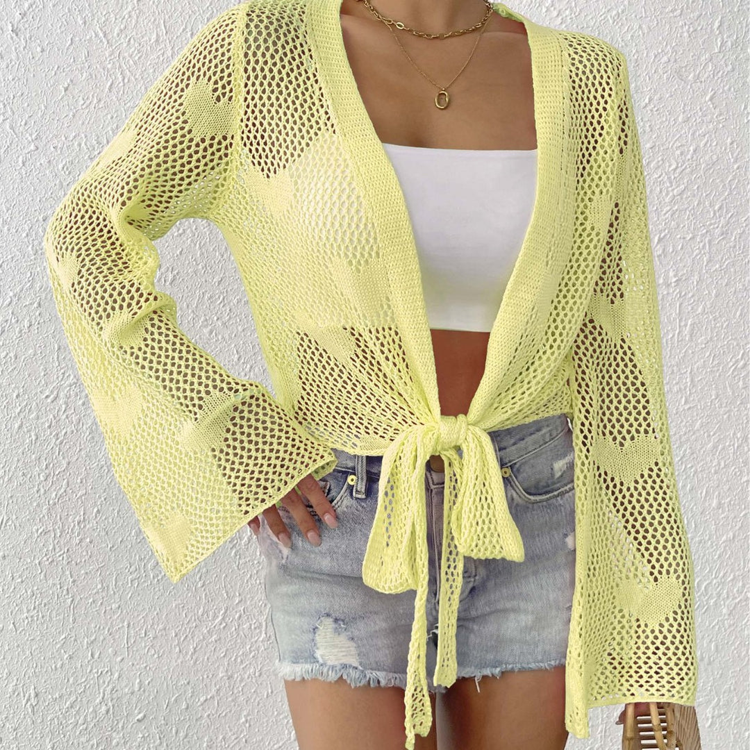 Damen luftiger Strick-Kimono mit offener Front und Kordelzug Drune
