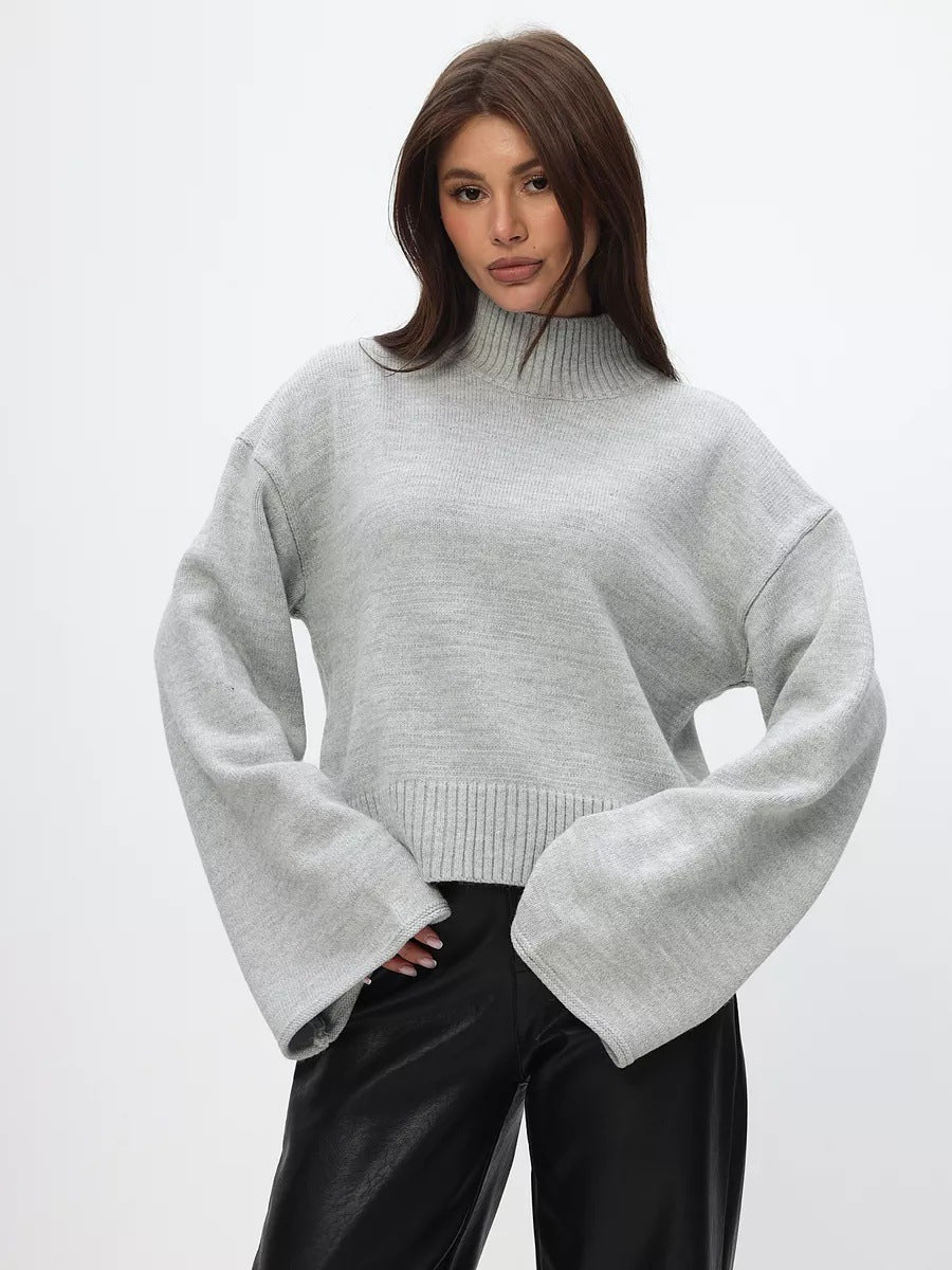 Damen Grobstrickpullover mit Stehkragen und voluminösen Ärmeln Drune
