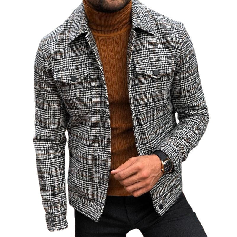 Herren Kariertes Overshirt Jackett aus Wollmischung mit Brusttaschen Drune