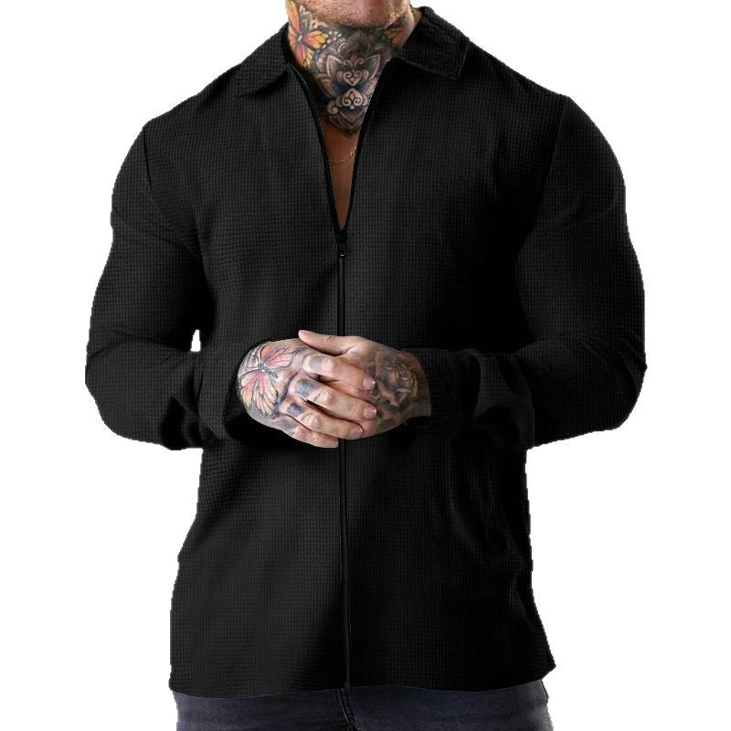 Herren nan strukturierte Zip-Hemdjacke aus Waffelstrick mit Kentkragen und schmaler Silhouette Drune