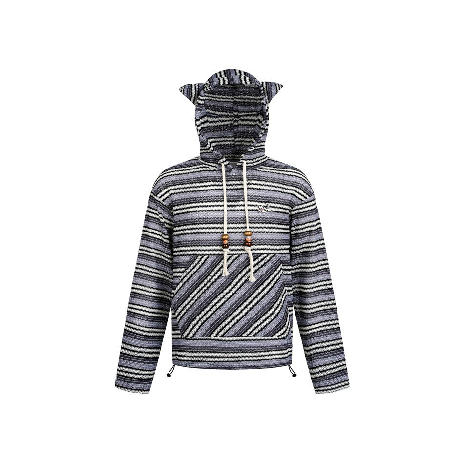 Damen Strick‑Kapuzenpullover mit Katzenohren und Kängurutasche Drune