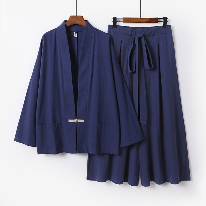 Damen Zen-inspiriertes Kimono-Set aus fließender Viskose mit kurzer Jacke und weiter Culotte-Hose Drune