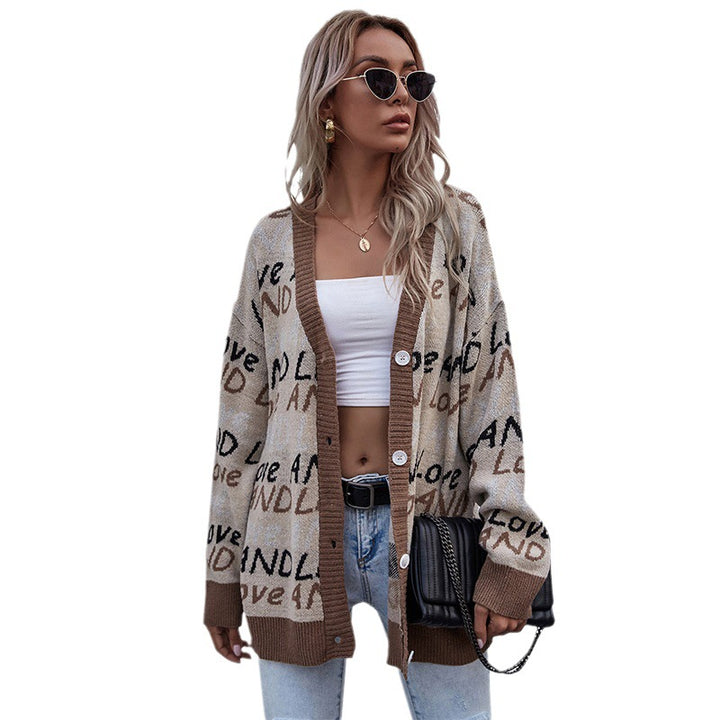 Damen Oversize-Strickcardigan mit Jacquard-Textmuster, V‑Ausschnitt & Knopfleiste Drune