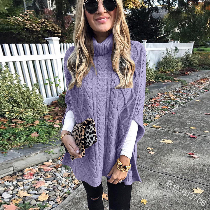 Damen nan kastiger Strickponcho mit hohem Rollkragen, Zopfstruktur und seitlichen Schlitzen Drune