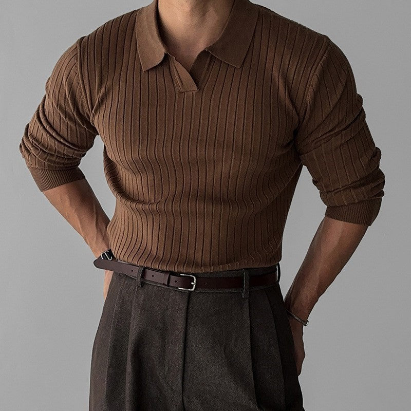 Herren nan figurbetontes Rippstrick-Polopullover mit offenem V-Ausschnitt und schmaler Passform Drune