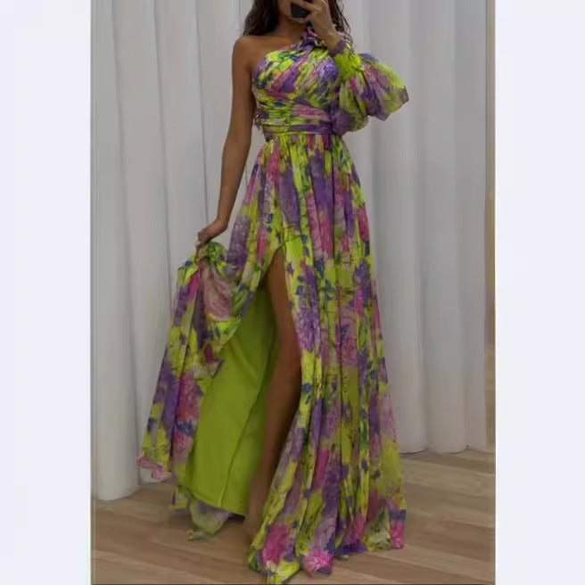 Damen Maxikleid mit asymmetrischem Träger und elegantem Floral-Design Drune