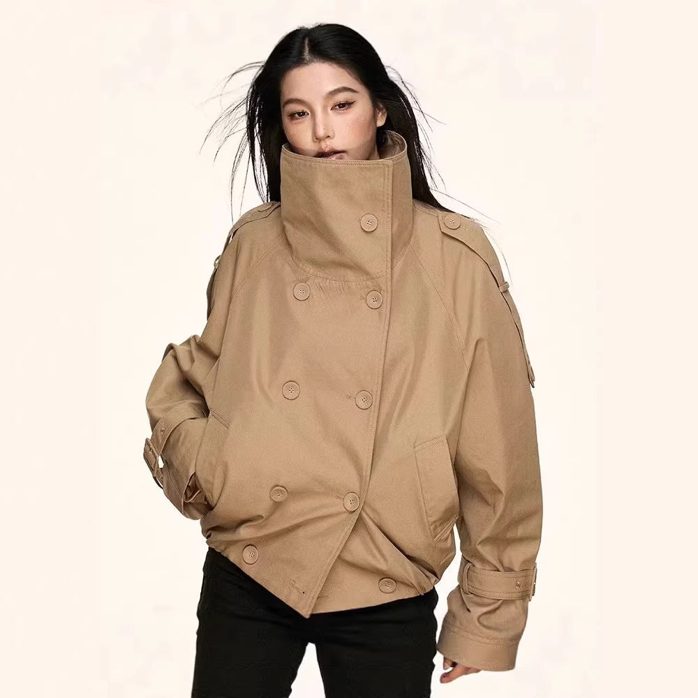 Damen Oversized Doppelreihige Trench-Bomberjacke mit hohem Stehkragen Drune