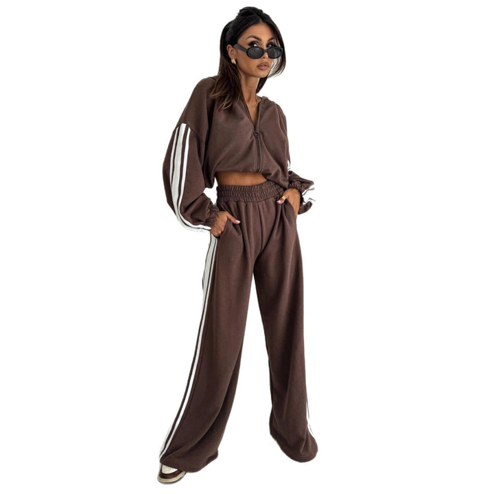 Damen cropped Zip-Hoodie mit voluminösen Ballonärmeln und High-Waist Relaxhose im sportlichen Seitenstreifen-Design Drune