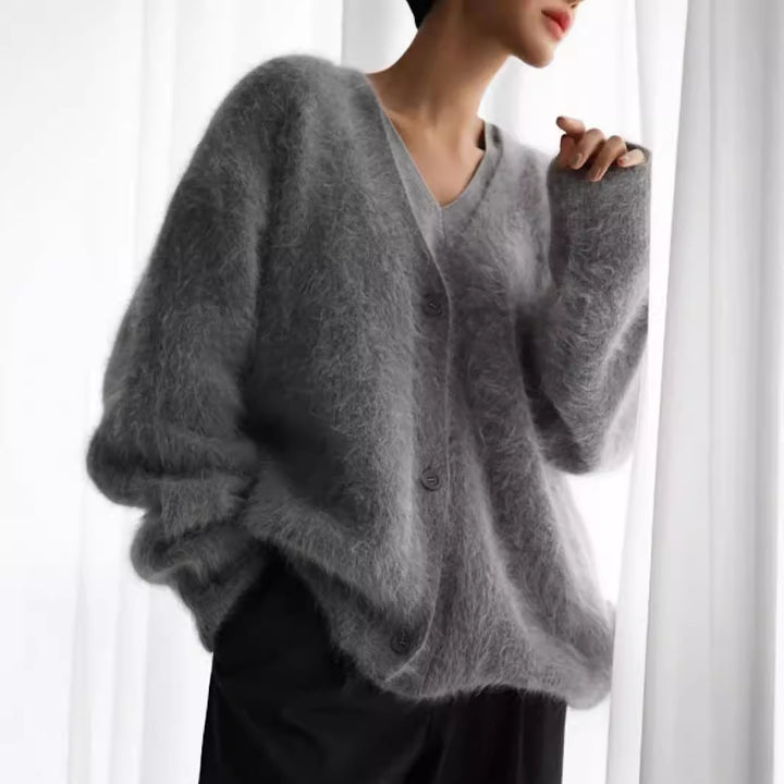 Damen gemütlicher Strickcardigan mit weichem Flauschmaterial und modischem Knopfdetail Drune