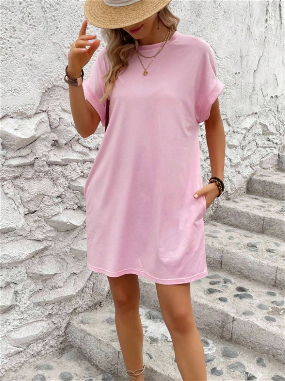 Damen lässiges T-Shirt-Kleid mit umschlagbaren Ärmeln und Taschen Drune