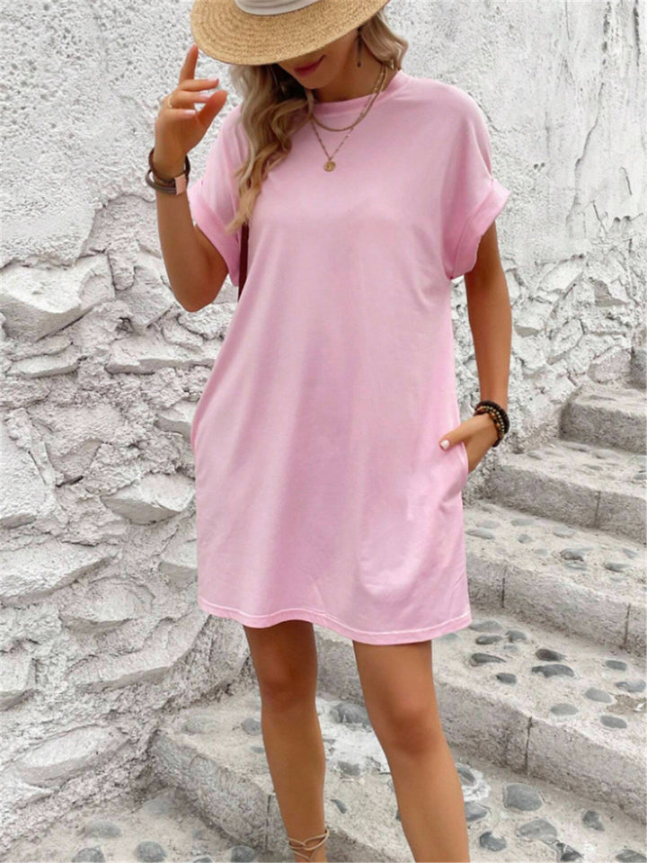 Damen lässiges T-Shirt-Kleid mit umschlagbaren Ärmeln und Taschen Drune