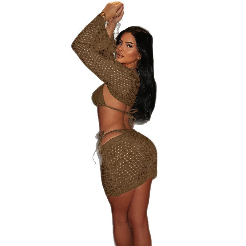 Damen Häkel-Badeanzug mit elegantem Cropped-Oberteil und kurzer Strickjacke Drune