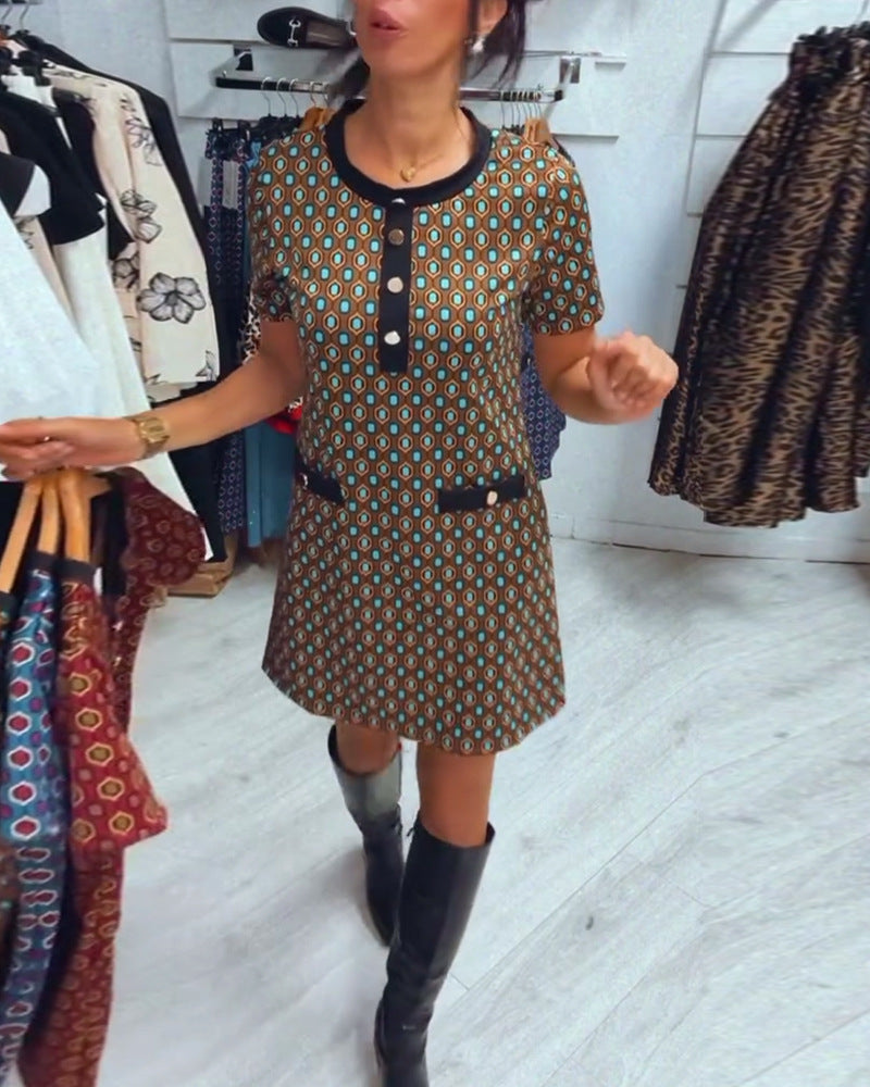 Damen nan Retro-A-Linien-Minikleid mit geometrischem Muster, Kontrastblende und Zier-Taschendetail Drune