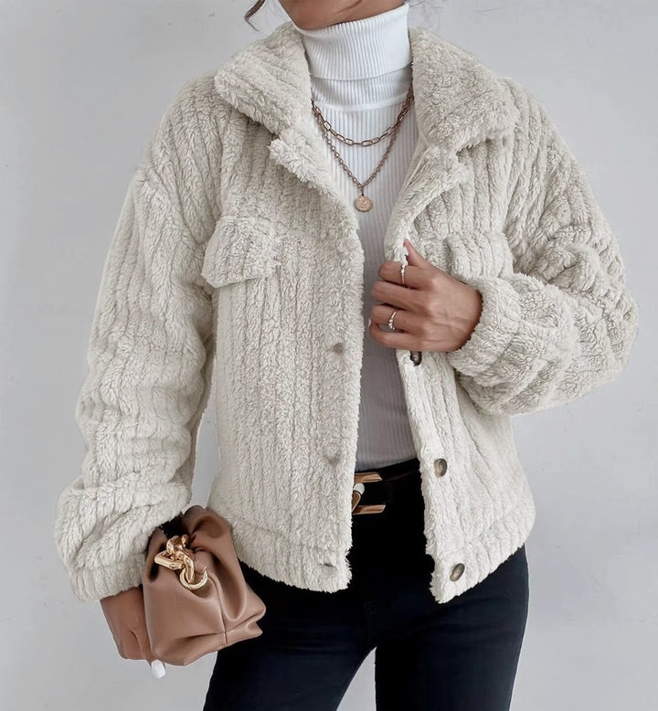 Damen nan kuschelige Teddyjacke mit Hemdkragen, Druckknopfverschluss und aufgesetzten Brusttaschen Drune