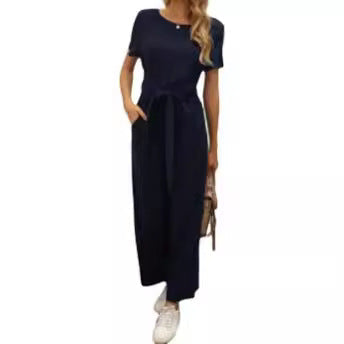 Damen Jumpsuit mit Bindegürtel und weitem Bein Drune