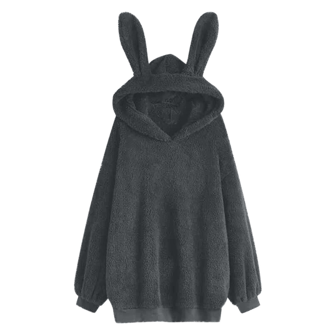 Damen nan flauschiger Oversize-Kapuzenpullover mit langen Hasenohren und gerippten Bündchen Drune