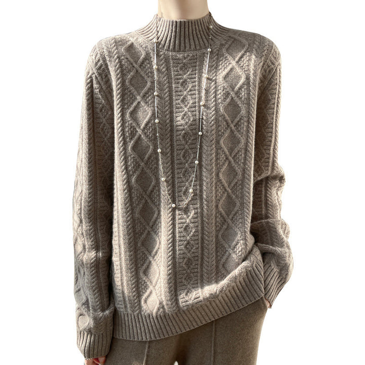Damen Zopfmuster-Mockneckpullover mit feinem Ajour‑Detail und flauschiger Kaschmir‑Optik Drune