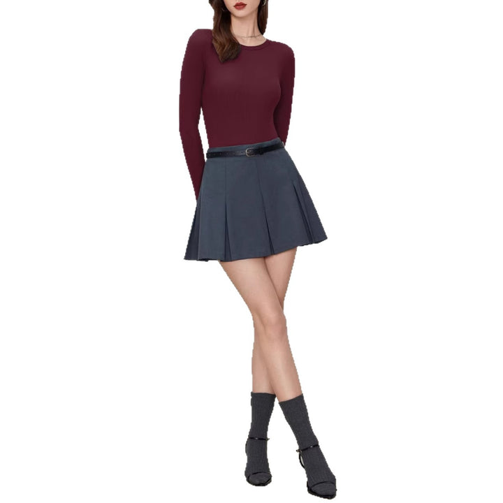Damen Figurnahes geripptes Langarm-Basicshirt mit Rundhalsausschnitt und Stretch Drune