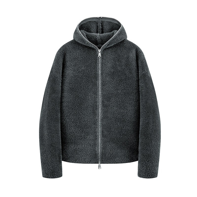 Damen Kurz geschnittene Teddy-Fleece-Kapuzenjacke mit Metall-Reißverschluss Drune