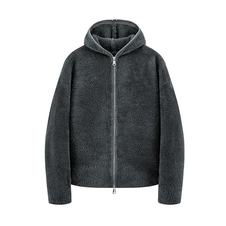 Damen Kurz geschnittene Teddy-Fleece-Kapuzenjacke mit Metall-Reißverschluss Drune