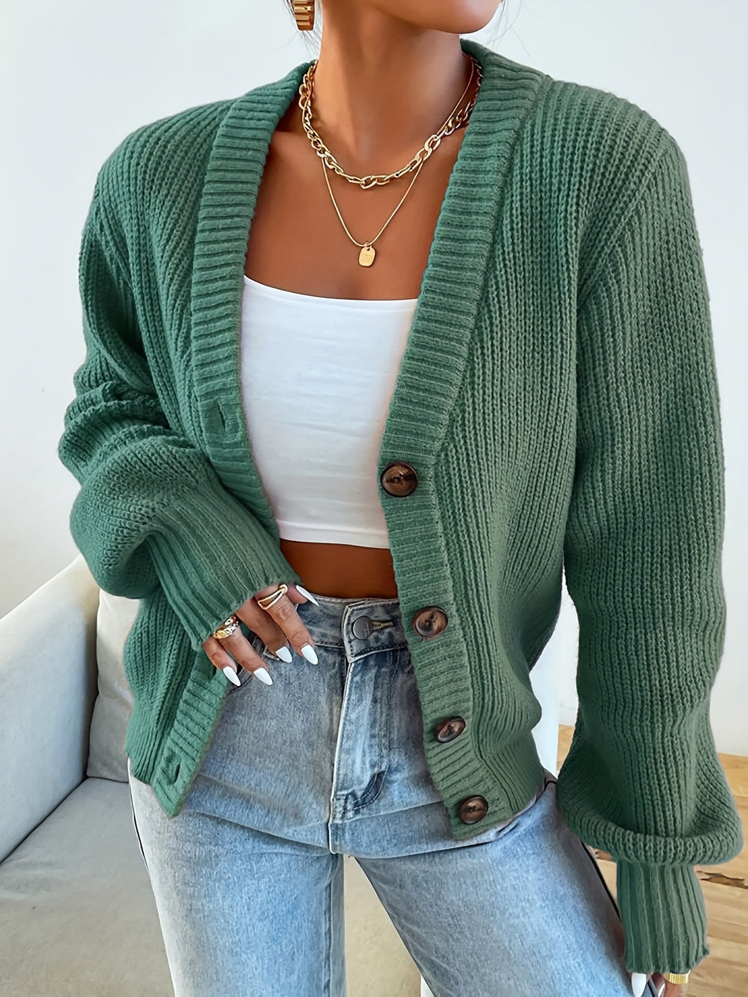 Damen bequeme Strickjacke mit schickem V-Ausschnitt Drune