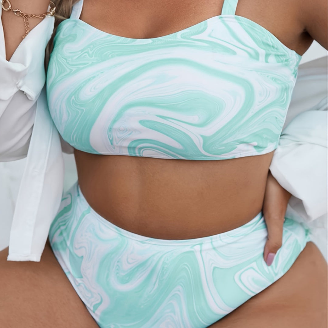 Damen Hochgeschnittenes Bikini-Set mit modernem Marmor-Design Drune