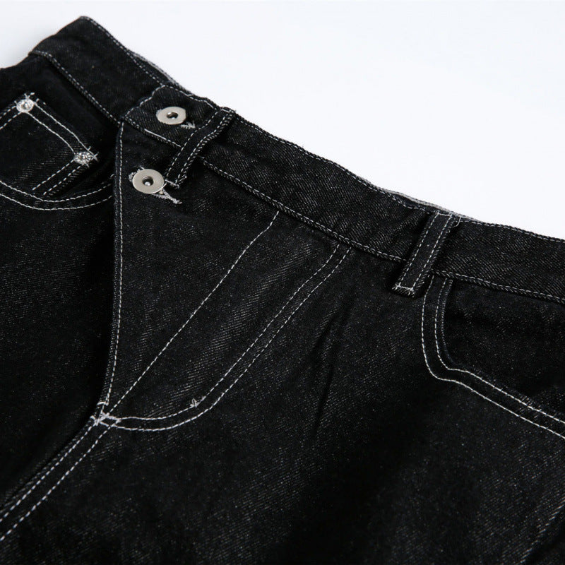 Damen Weite High‑Waist Denim-Jeans mit asymmetrischer Knopfleiste und Kontrastnähten Drune
