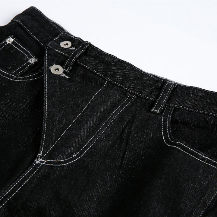 Damen Weite High‑Waist Denim-Jeans mit asymmetrischer Knopfleiste und Kontrastnähten Drune