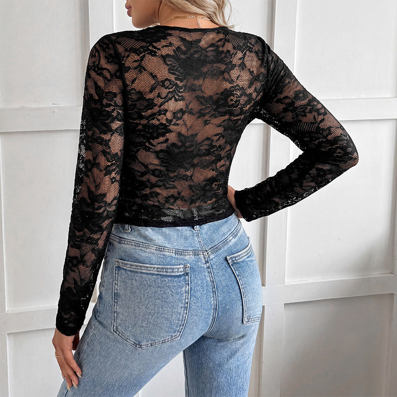Damen Elegantes Langarmoberteil mit Spitzendetails Drune