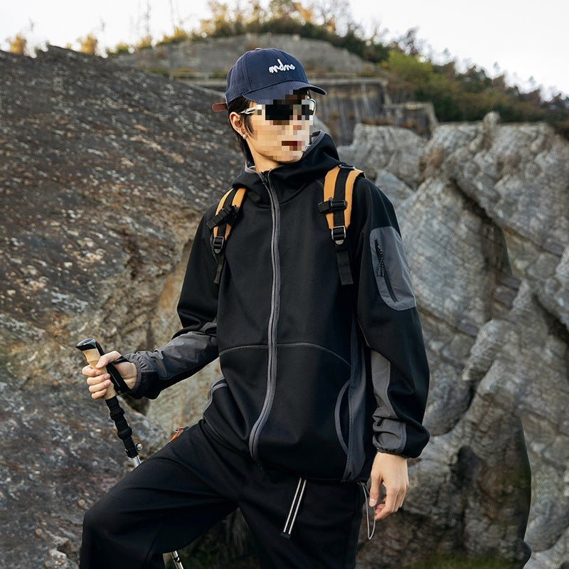 Herren Oversize Outdoor-Fleecejacke mit Kapuze, Ärmel-Reißverschlusstasche & Tunnelzug Drune