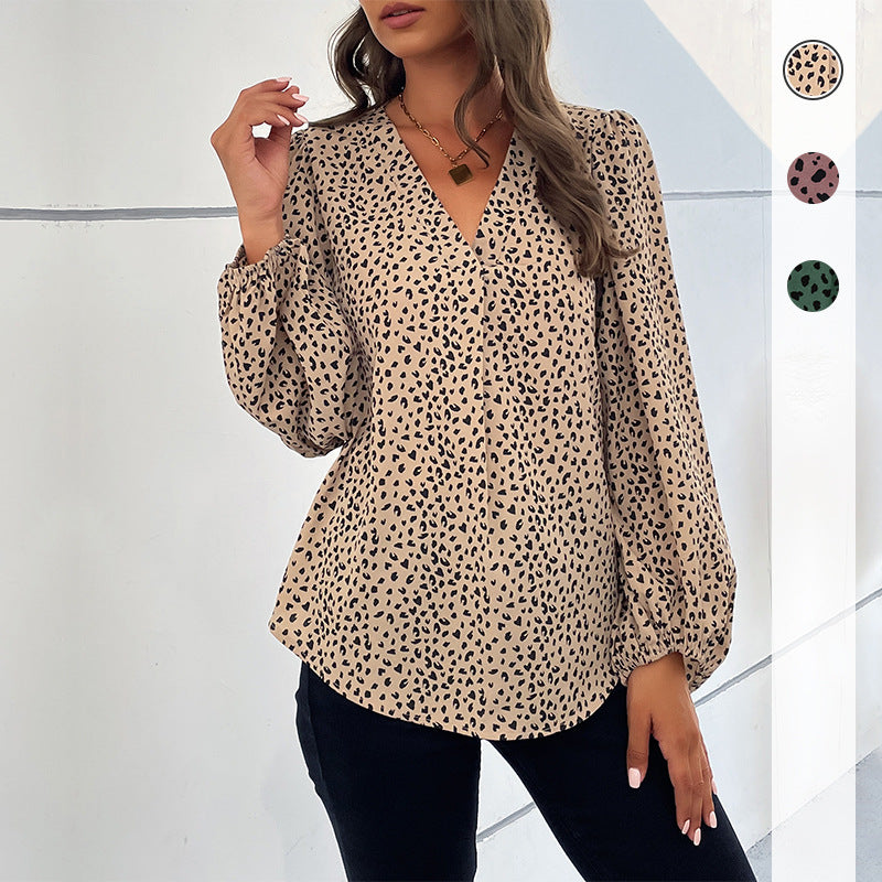 Damen Leichte Viskose-Bluse mit V‑Ausschnitt, elastischen Manschetten und Animal‑Print Drune